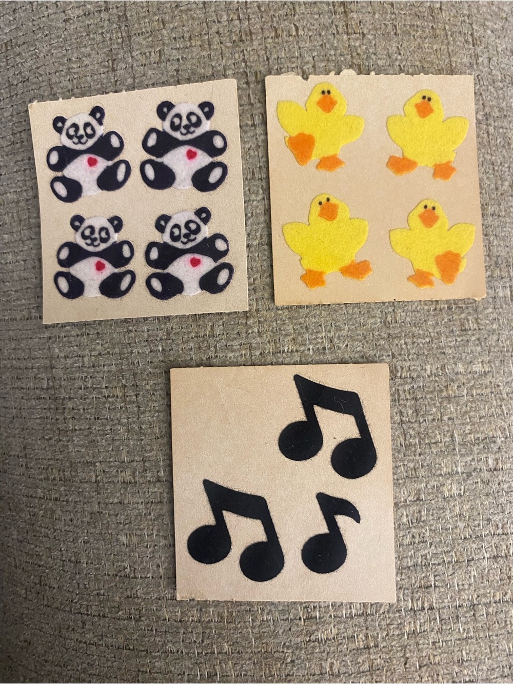 Vintage 1983 Sandylion Fuzzy Felt Sticker Lot, Panda's, Ducks & Music Notes